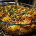 Close-up of a Ground Beef and Potatoes Casserole, showcasing layers of beef, potatoes, and cheese.