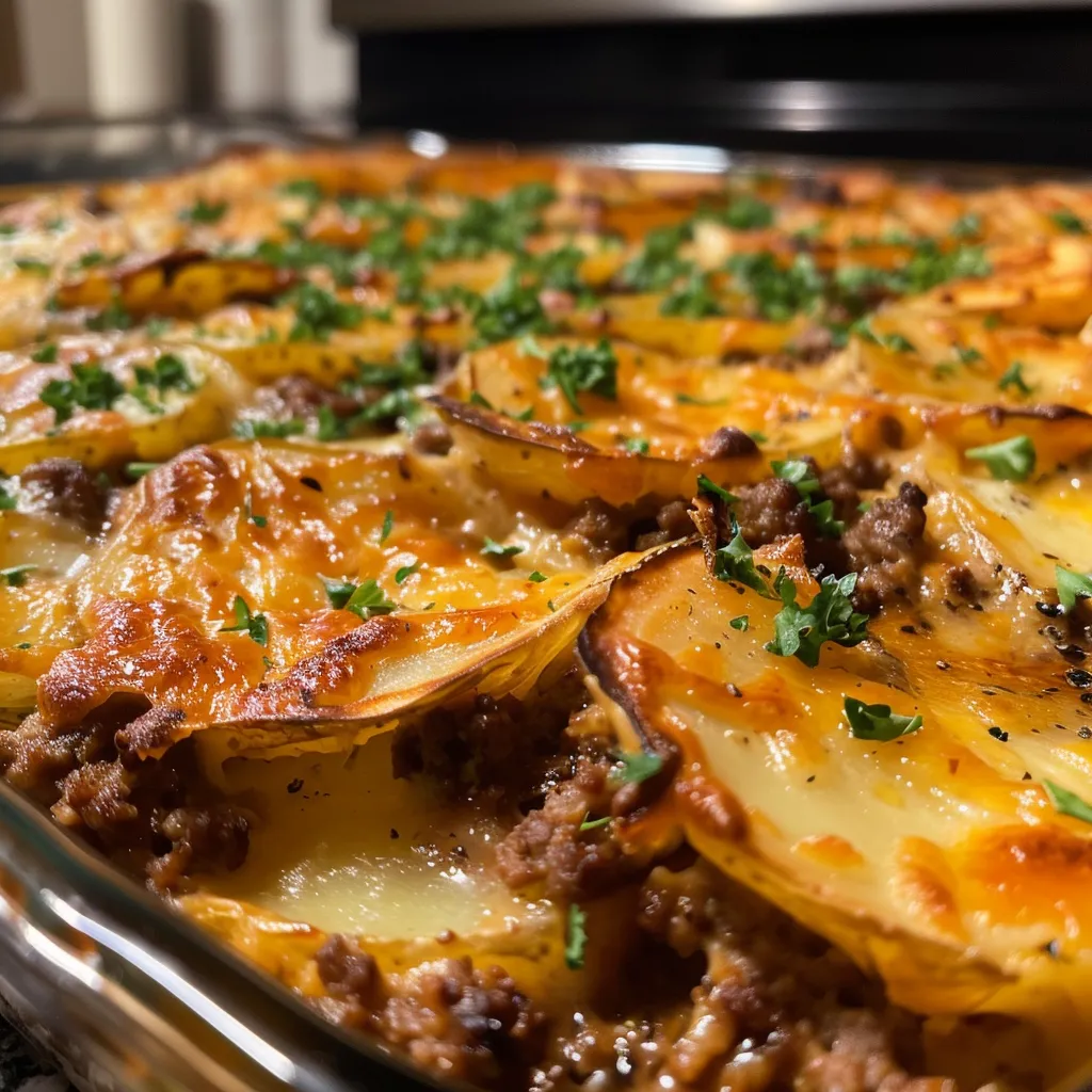 A side view of a savory casserole filled with ground beef and slices of Yukon Gold potatoes.