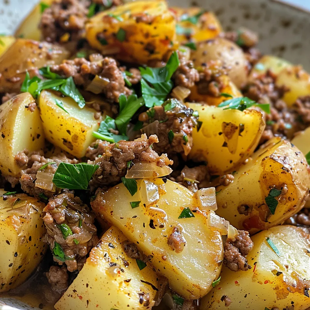 Side view of a plate filled with a hearty ground beef and potato dish, garnished with parsley.