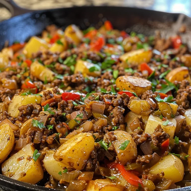 Close-up view of a sizzling Ground Beef and Potatoes Skillet, garnished with fresh parsley.