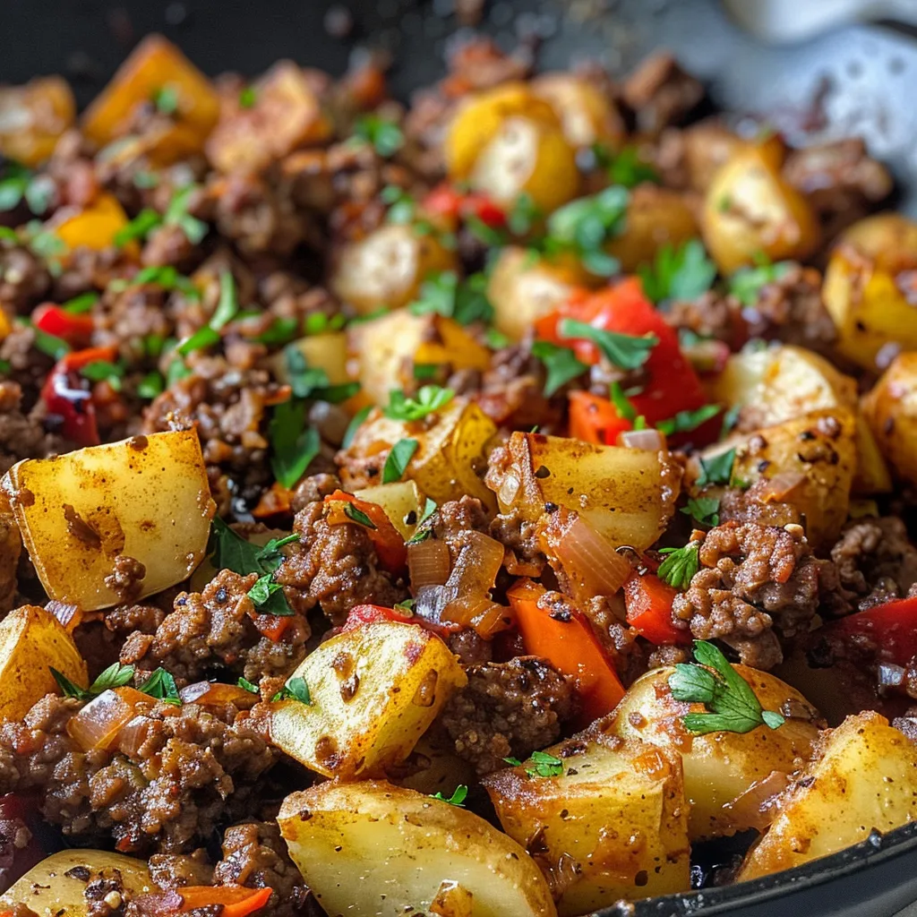 Juicy Ground Beef and diced potatoes in a skillet, showcasing vibrant colors from onions and bell peppers.