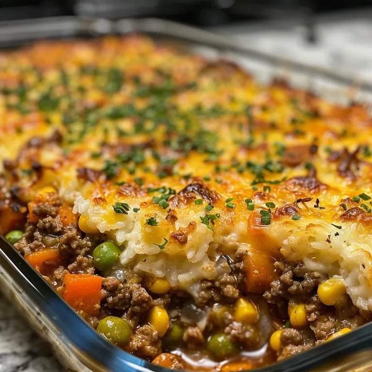 Close-up view of a hearty ground beef and vegetable casserole with melted cheese on top.
