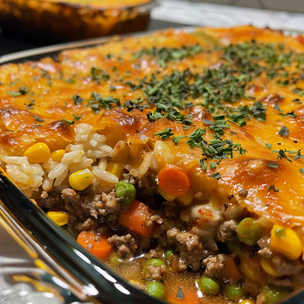 Side angle shot of a baked casserole filled with ground beef, colorful vegetables, and a creamy sauce.