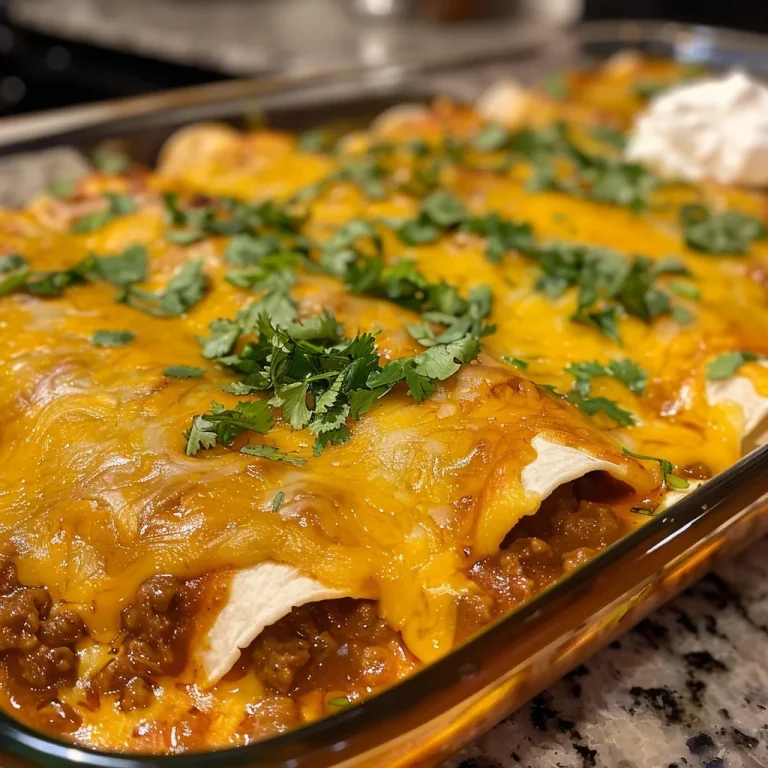 Close-up view of juicy ground beef enchiladas topped with cheese and sour cream.