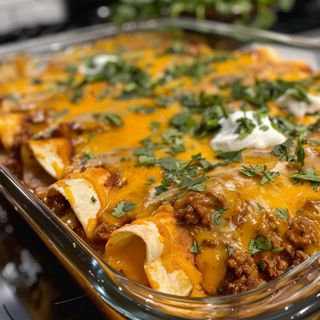 Side view of delicious ground beef enchiladas in vibrant enchilada sauce.
