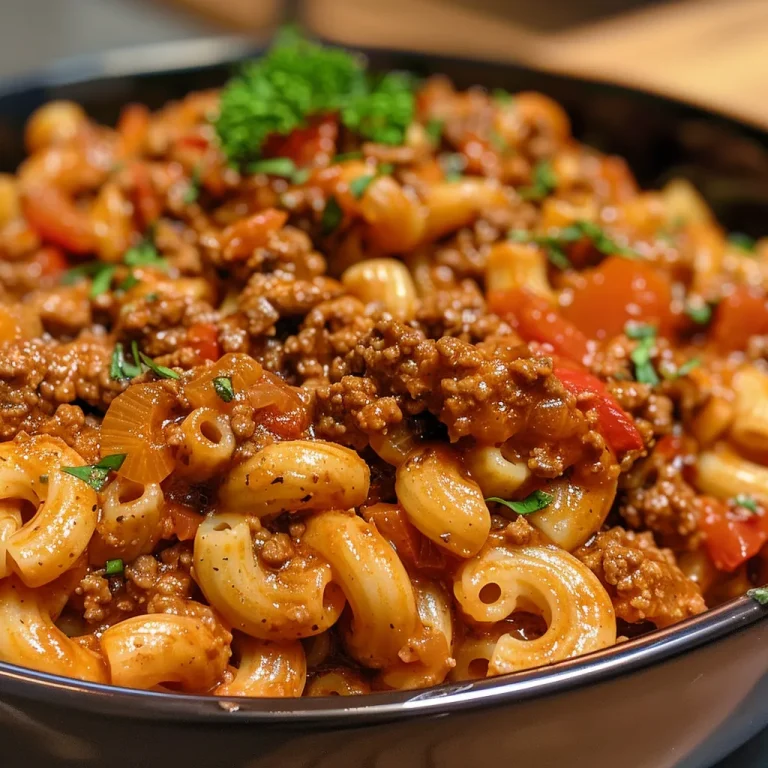 Close-up view of a bowl of Ground Beef Macaroni, showcasing juicy pasta and meat.