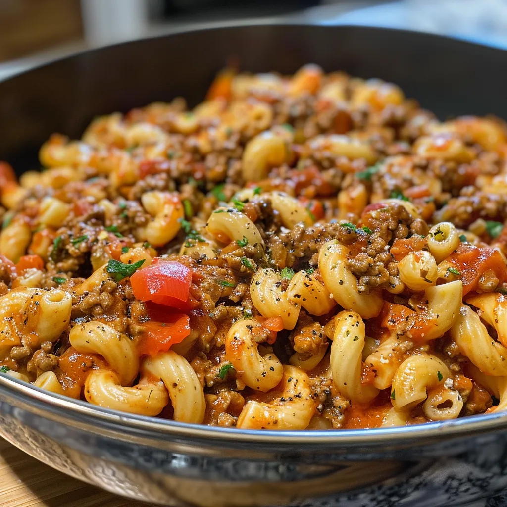 Side angle of Ground Beef Macaroni, featuring rich sauce and diced vegetables.