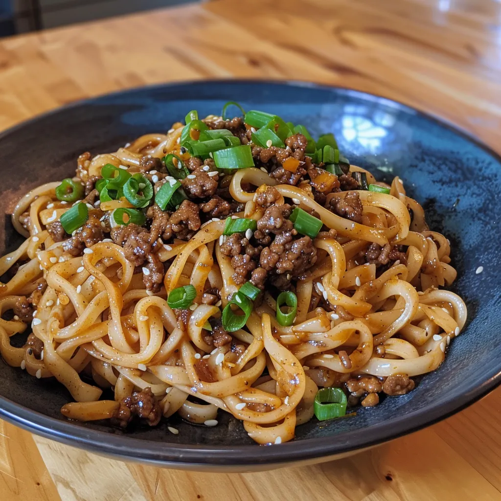 Side shot of a bowl filled with savory Ground Beef Mongolian Noodles.