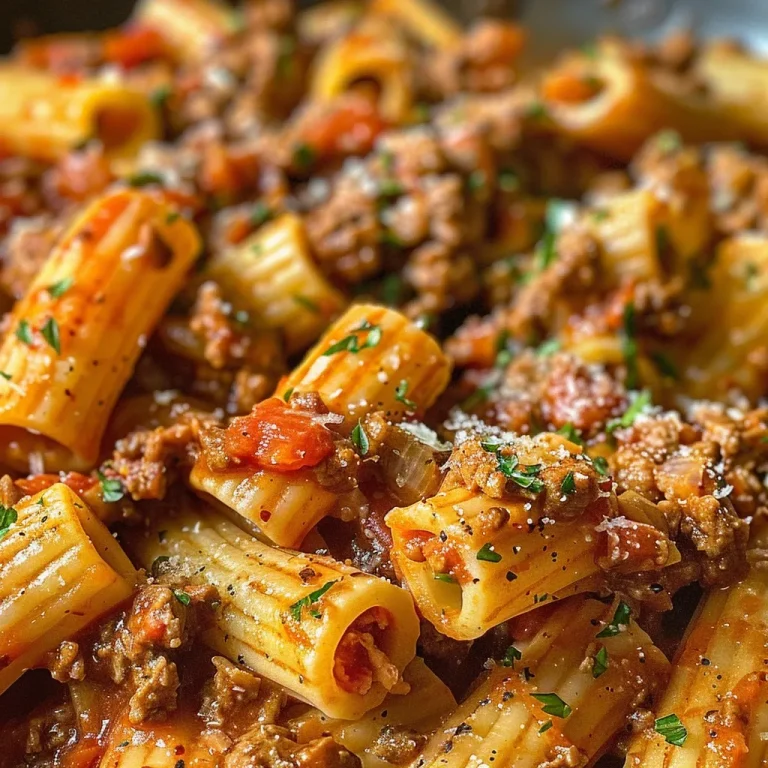 Close-up of a hearty plate of ground beef pasta with a rich tomato sauce.