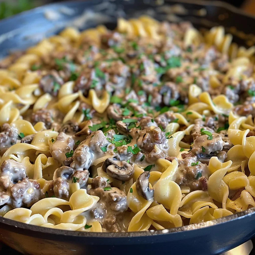 Side view of Ground Beef Stroganoff showcasing its rich sauce and tender beef.
