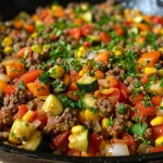 A close-up view of a colorful skillet dinner featuring ground beef and assorted vegetables.