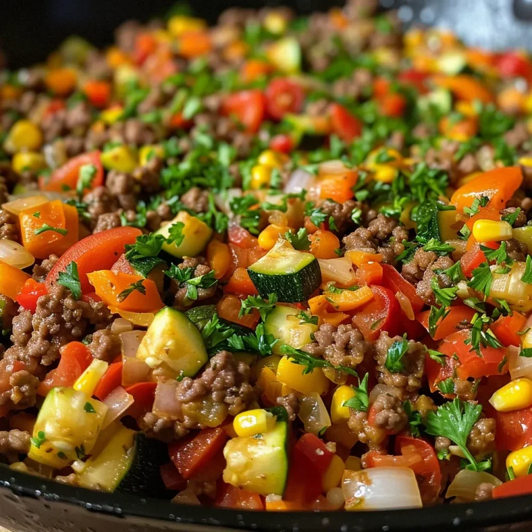 A close-up view of a colorful skillet dinner featuring ground beef and assorted vegetables.