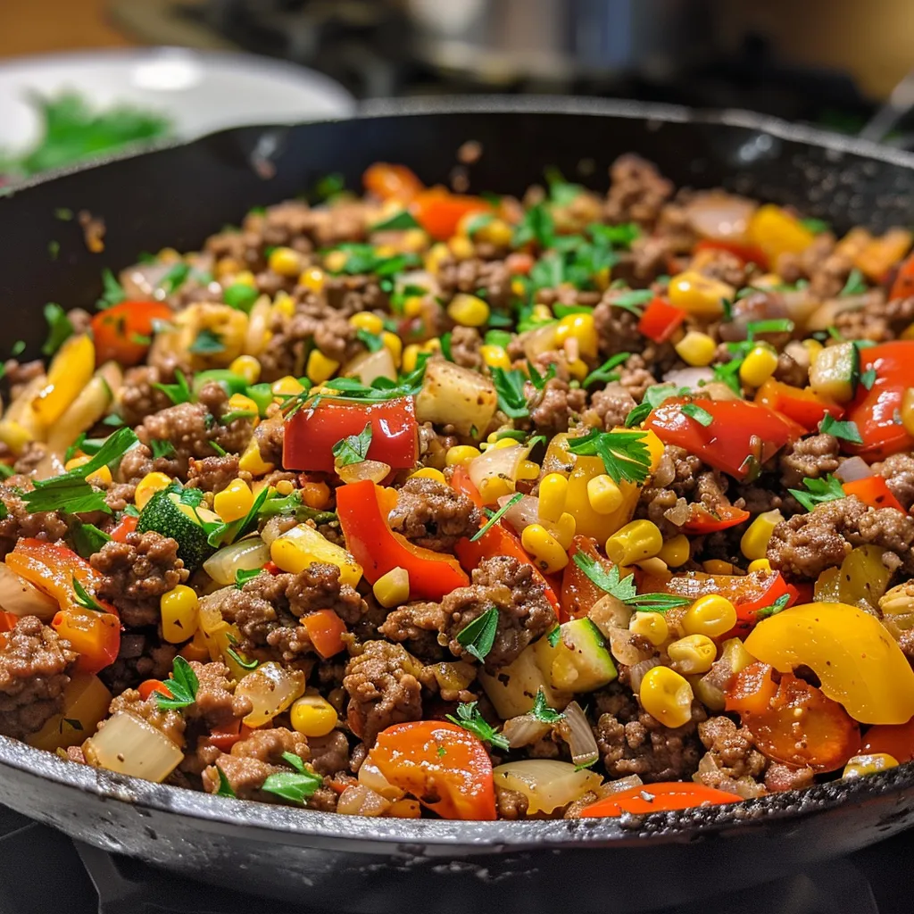 A side view of a hearty ground beef and veggie skillet, rich in color and texture.