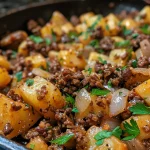 Close-up of a juicy ground beef and potato dish garnished with parsley.