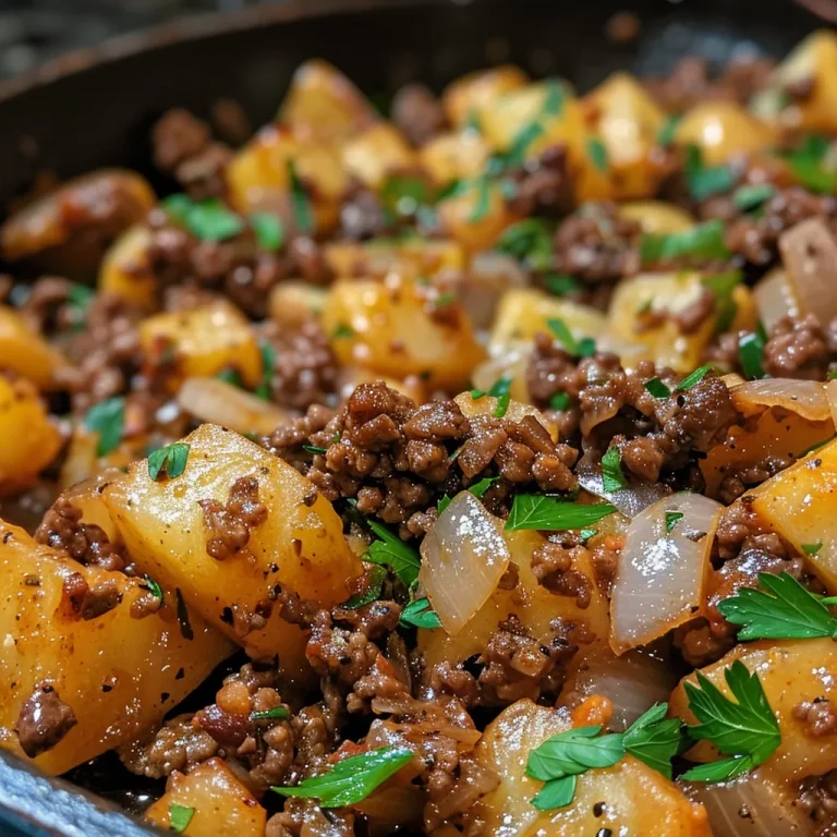 Close-up of a juicy ground beef and potato dish garnished with parsley.