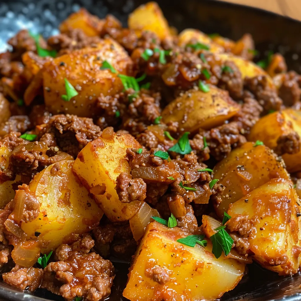 Side view of seasoned ground beef with diced potatoes in a skillet.