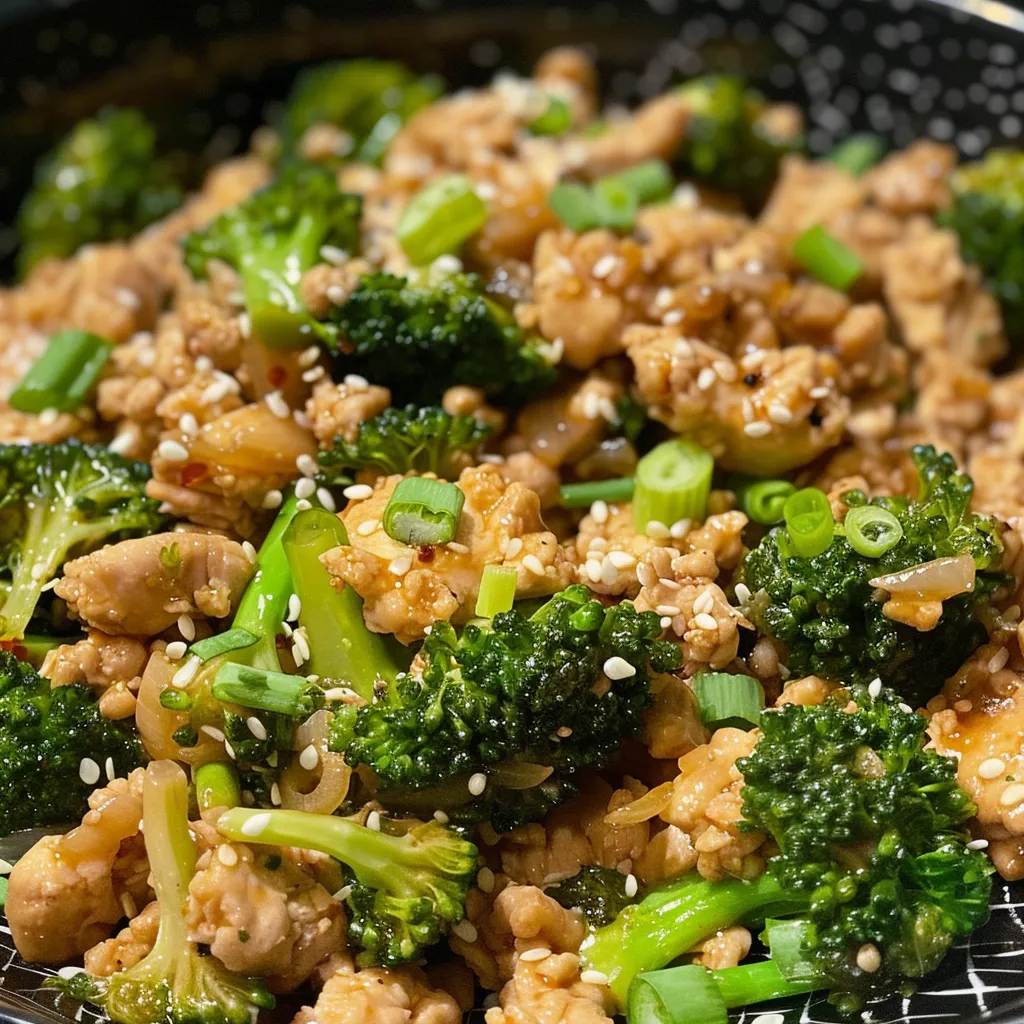 Juicy ground chicken mixed with vibrant broccoli florets in a shallow dish.