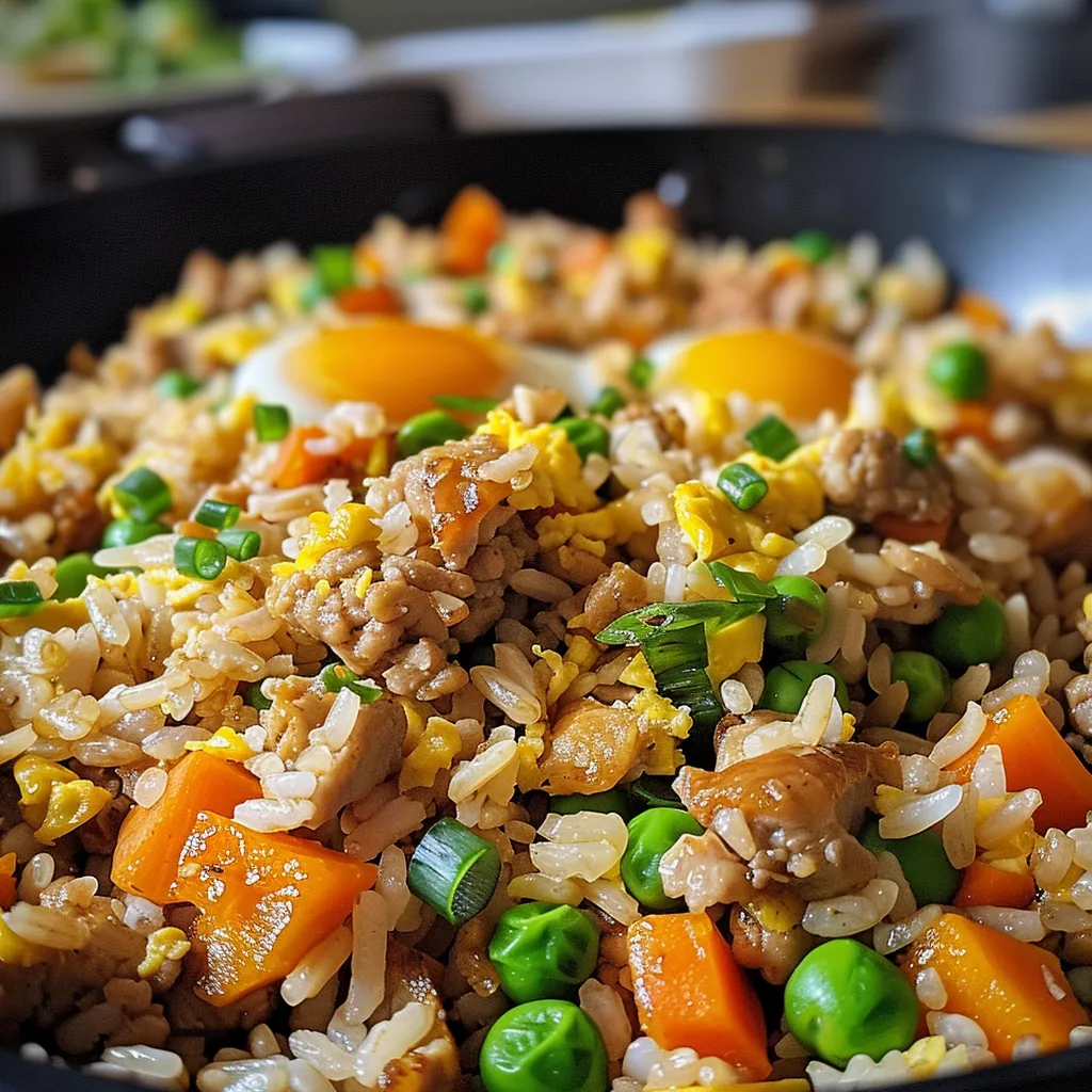 Juicy ground chicken fried rice served in a bowl, showcasing its texture and ingredients.
