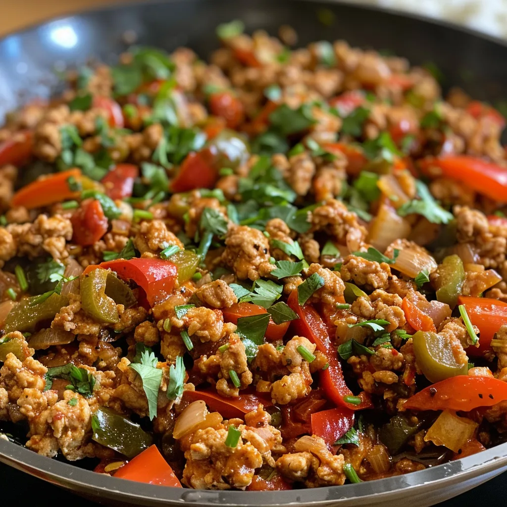 Side view of juicy ground chicken dish, garnished with fresh parsley and served with rice.
