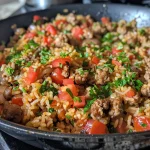 A close-up side view of a skillet filled with ground sausage and rice, garnished with fresh parsley.
