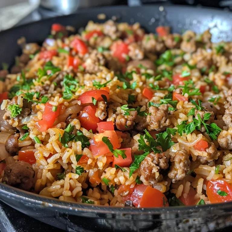 A close-up side view of a skillet filled with ground sausage and rice, garnished with fresh parsley.