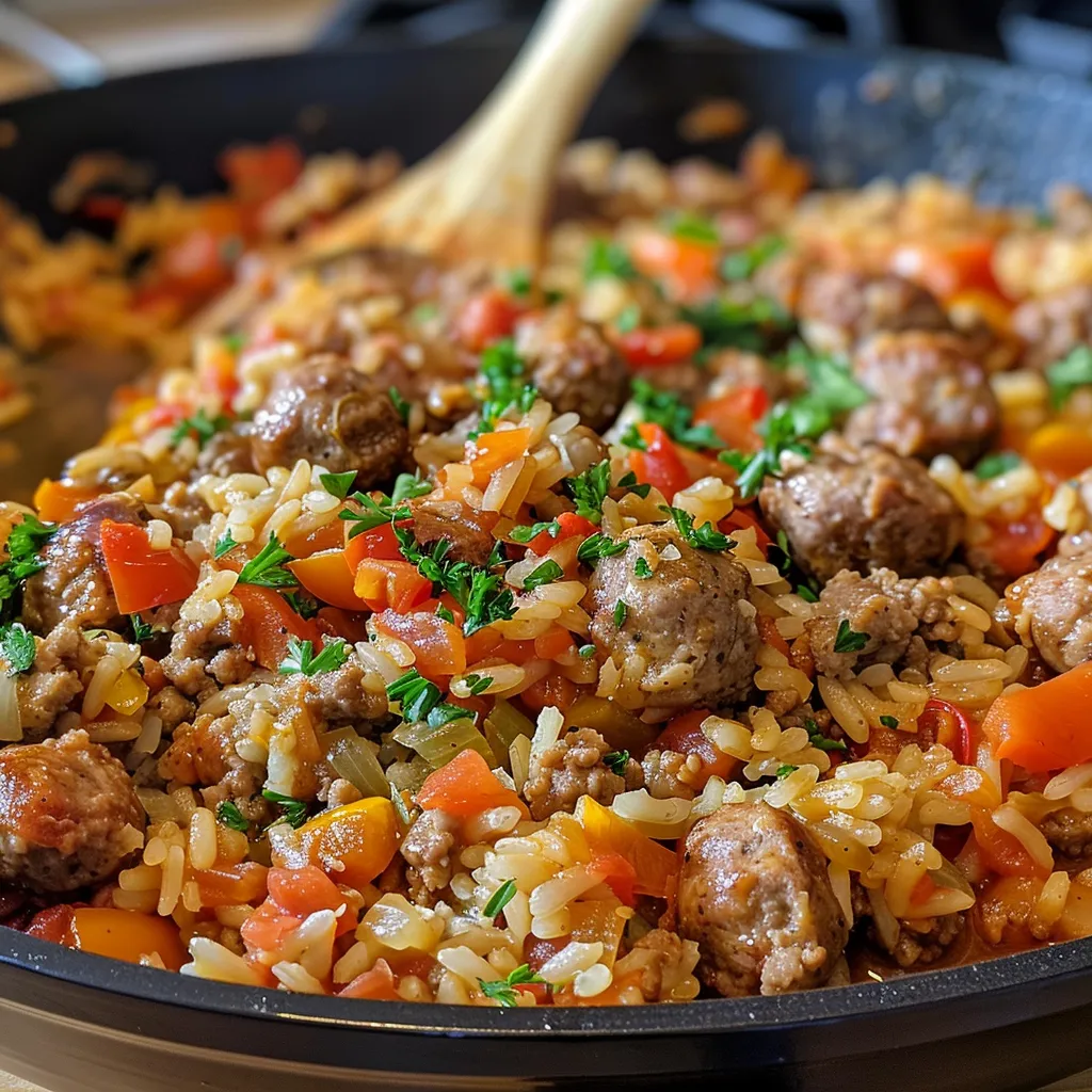 Juicy ground sausage and rice dish in a skillet, showcasing colorful diced bell peppers and onions.
