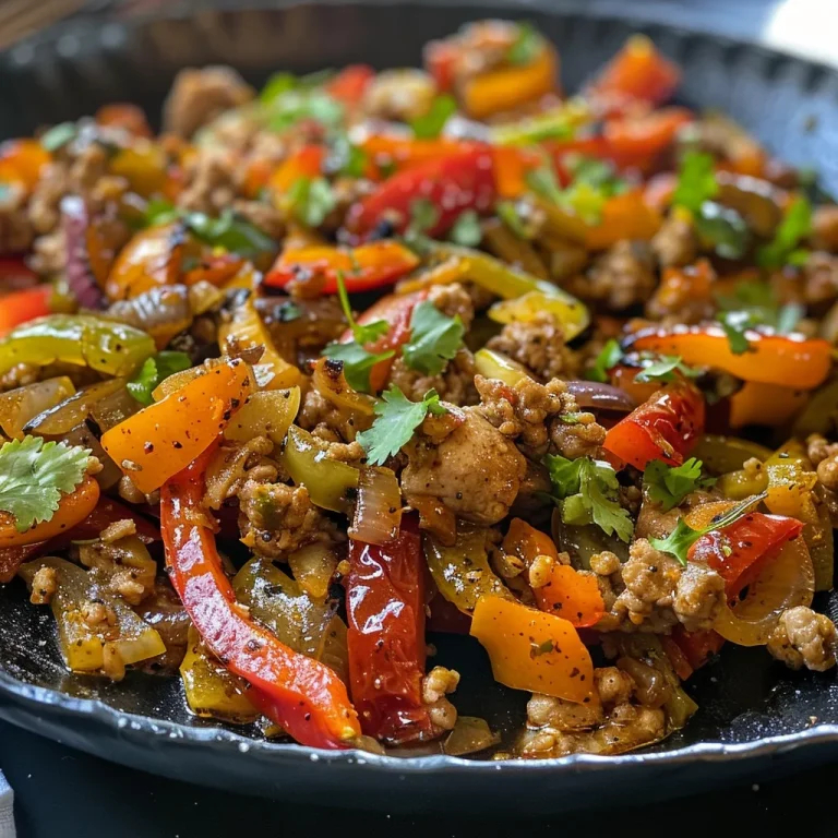 A Wholesome Ground Turkey and Peppers Stir-Fry That Feels Like Home A colorful stir-fry featuring ground turkey, bell peppers, and onions in a skillet.