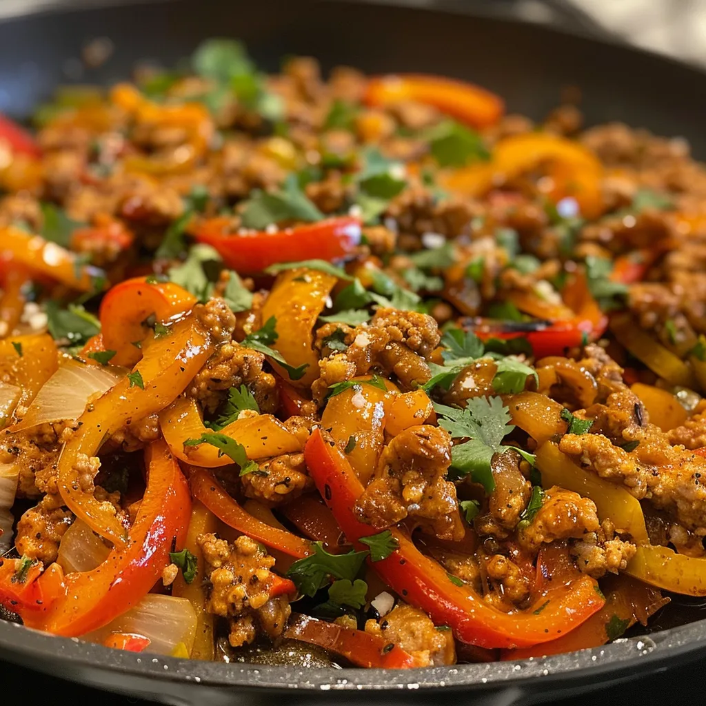 Close-up view of ground turkey and sliced bell peppers sautéed in a pan.