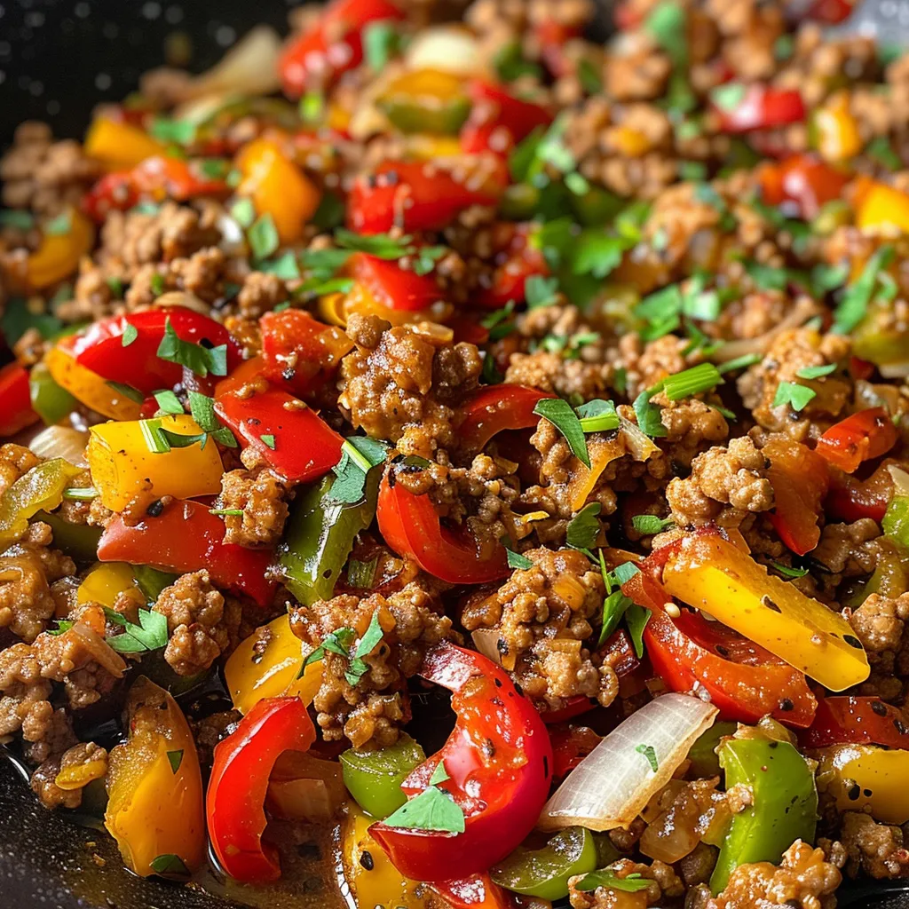 Juicy ground turkey stir-fried with diced onions and garlic, garnished with fresh parsley.