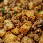 A close-up view of ground turkey mixed with tender potatoes, garnished with parsley.