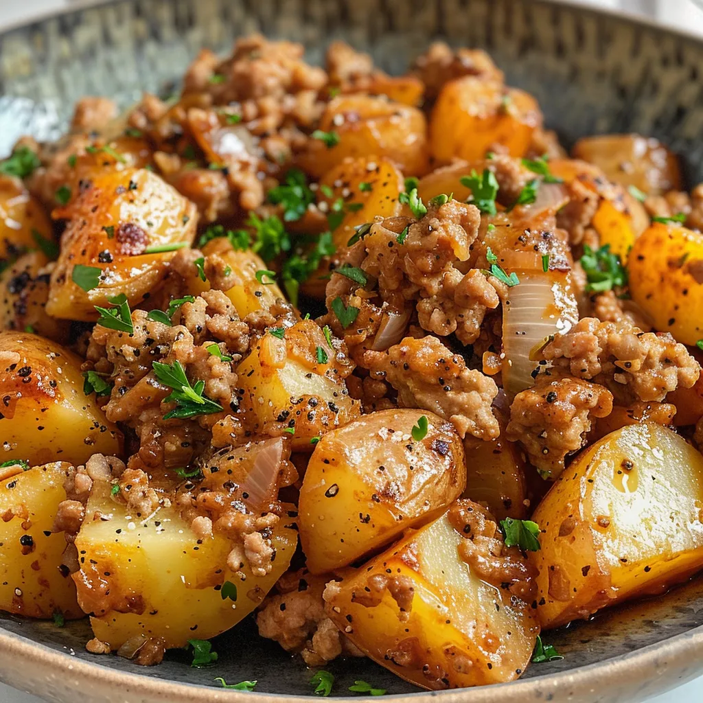 Juicy ground turkey and golden diced potatoes sautéed with onions and garlic.
