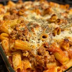 Close-up view of a baked pasta dish with ground turkey and melted cheese.