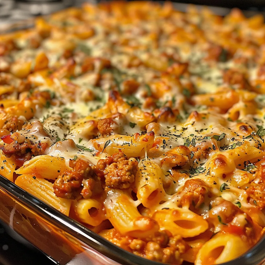 Side angle of a casserole filled with pasta, ground turkey, and marinara sauce.