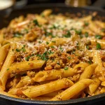 Close-up view of a bowl of ground turkey pasta, garnished with parsley.