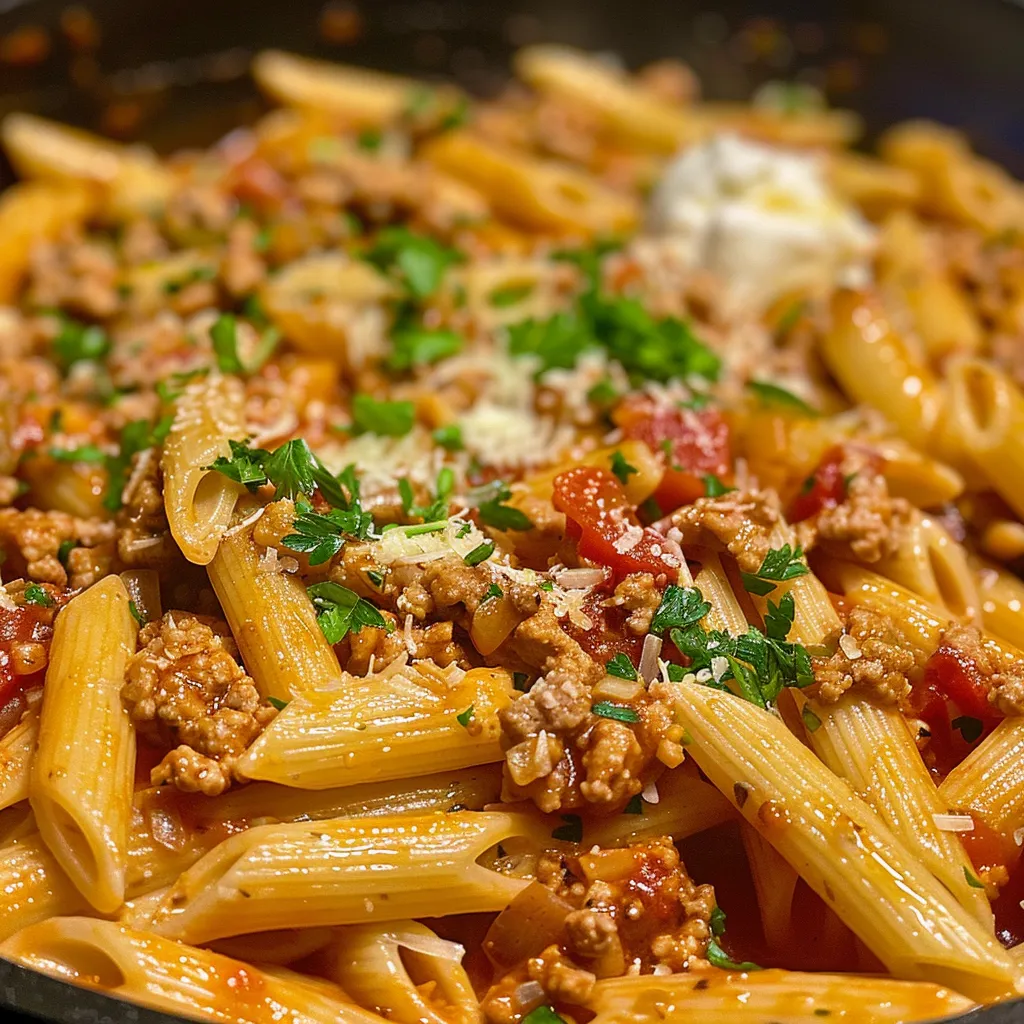 Side view of cooked penne pasta mixed with ground turkey and melted cheese.