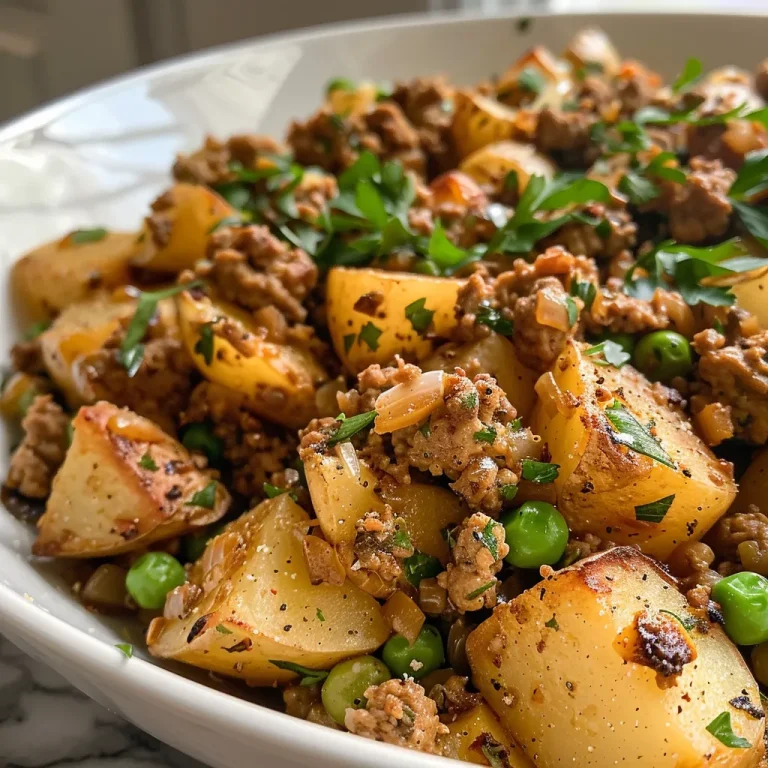 One-Pan Wonder: Ground Turkey with Potatoes That Warms the Soul Close-up of a skillet filled with ground turkey and diced potatoes, garnished with cilantro.
