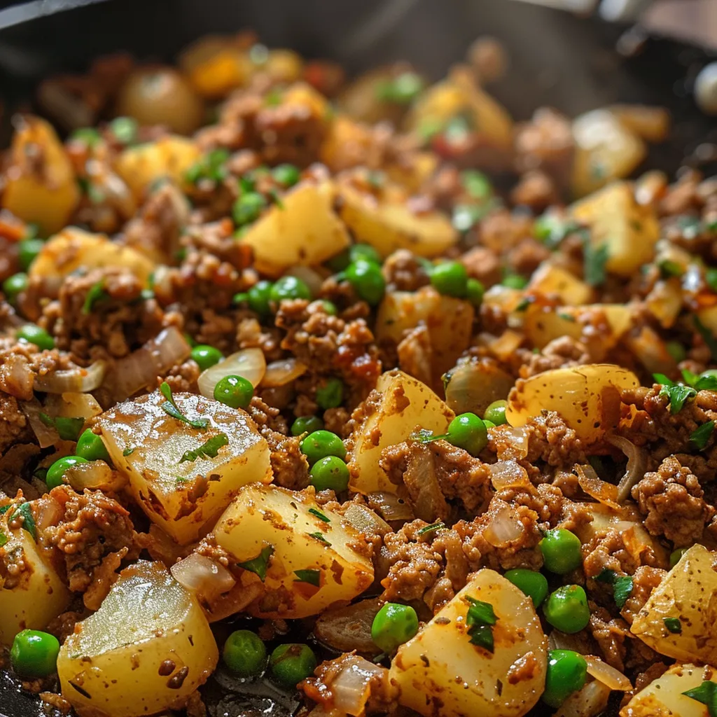 Juicy ground turkey mixed with golden potatoes and green peas in a skillet, viewed from the side.