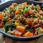 A close-up view of a Ground Turkey-Zucchini Skillet, showcasing the colorful ingredients.