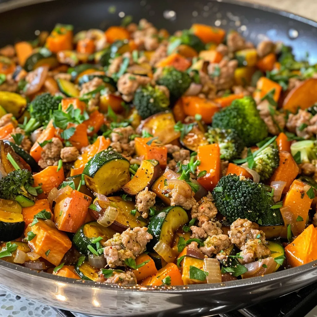 A vibrant skillet filled with sautéed ground turkey and zucchini, with diced sweet potatoes and spinach.