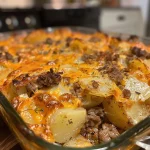 Close-up side view of a golden-brown Hamburger Potato Casserole with visible layers of beef and potatoes.