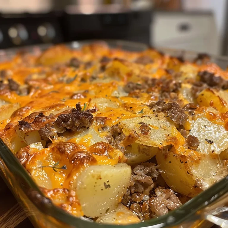 Close-up side view of a golden-brown Hamburger Potato Casserole with visible layers of beef and potatoes.
