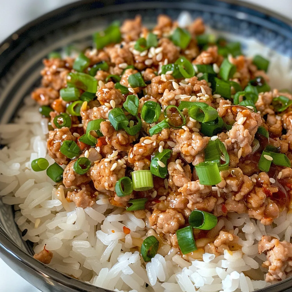 Side angle of a nutritious dish featuring colorful ground turkey over white rice with toppings.