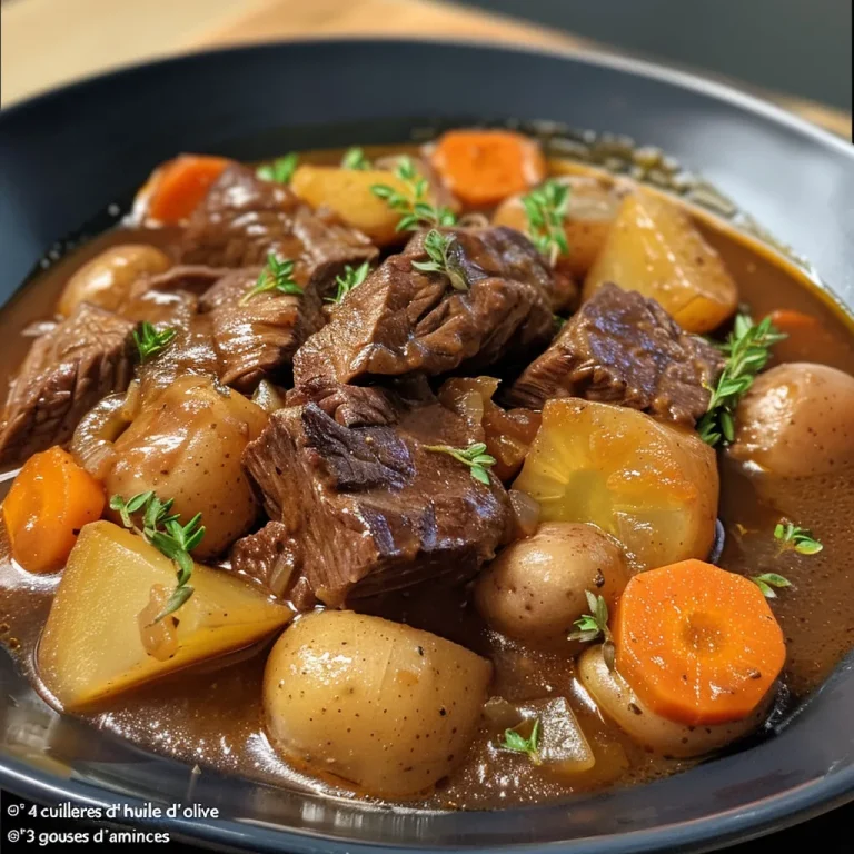 A close-up view of hearty beef stew with tender chunks of meat and vibrant vegetables.
