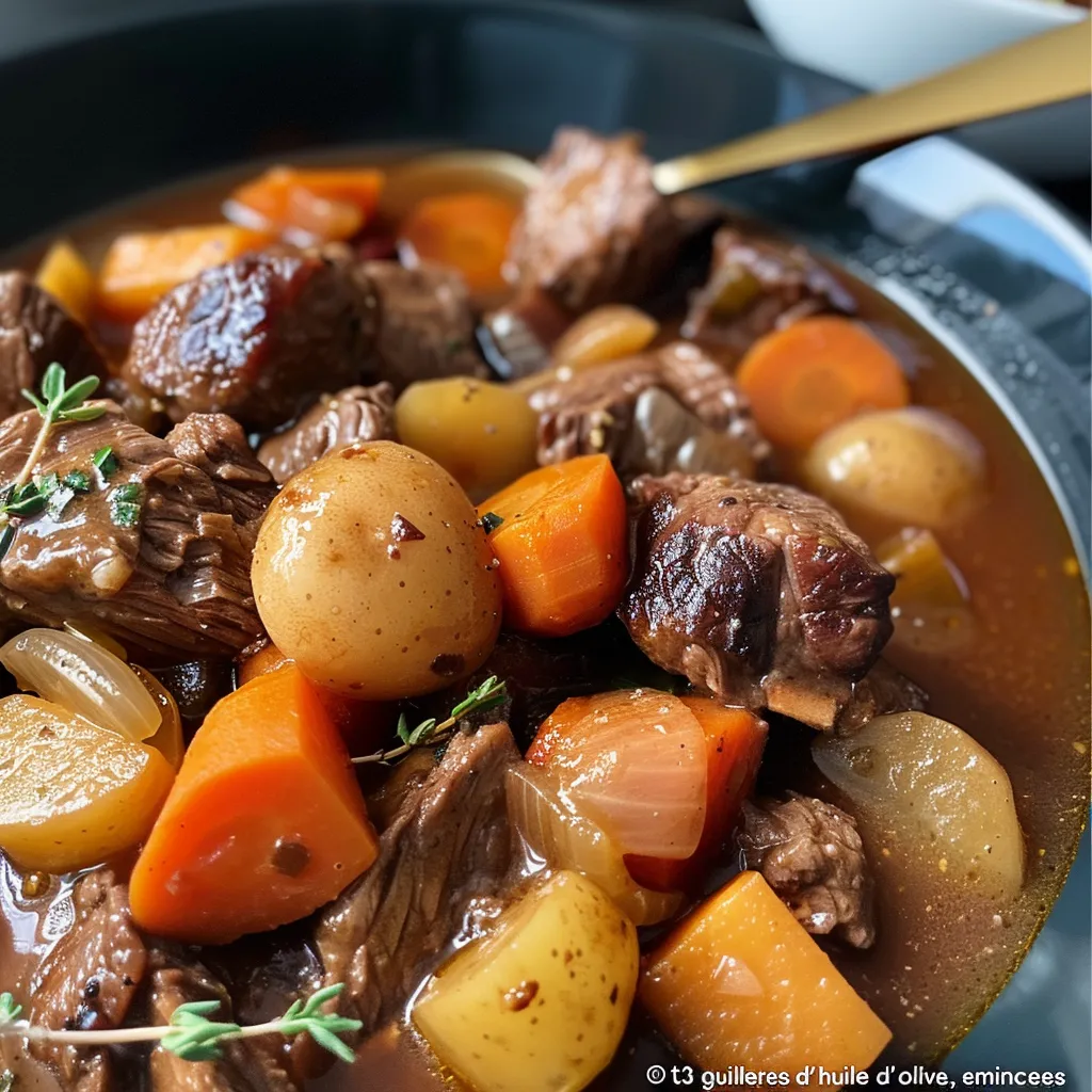 A side view of a delicious beef stew filled with carrots, potatoes, and green peas in a rich sauce.