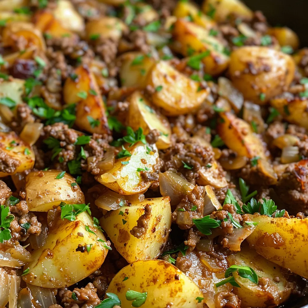Side view of a delicious dish showcasing ground beef and potatoes, with melted cheese on top.