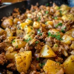 Close-up view of hearty ground turkey mixed with diced potatoes and garnished with parsley.