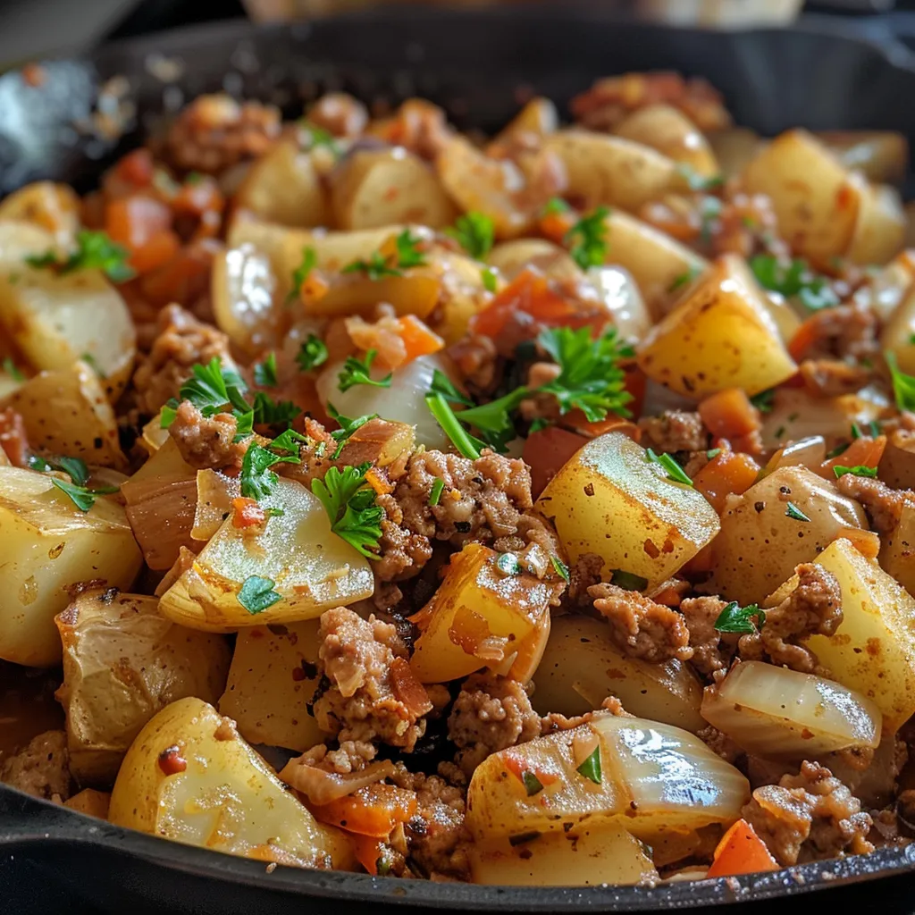 Side view of a delicious plate featuring ground turkey and potatoes, showcasing their colors and textures.