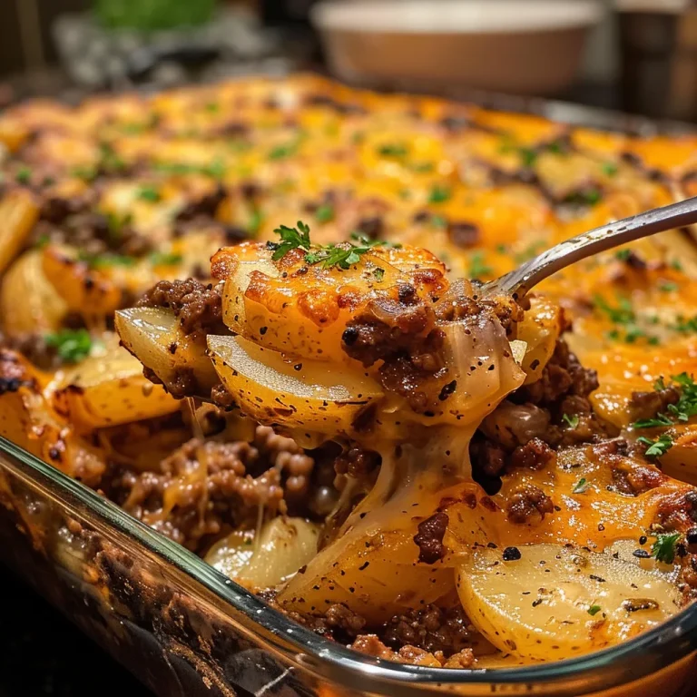 Close-up view of a cheesy ground beef and potato casserole in a baking dish.