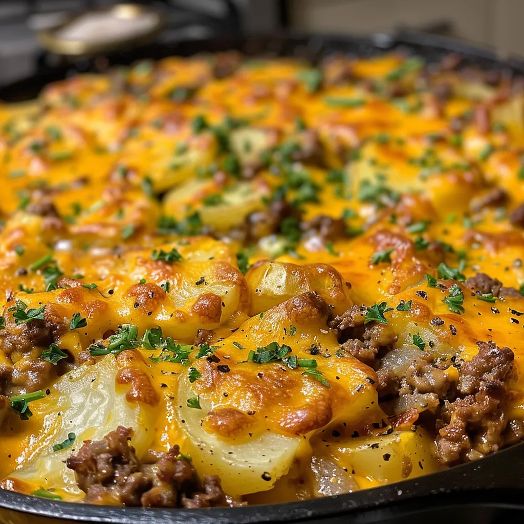 A delicious one-pan casserole featuring layers of ground beef, potatoes, and melted cheese.