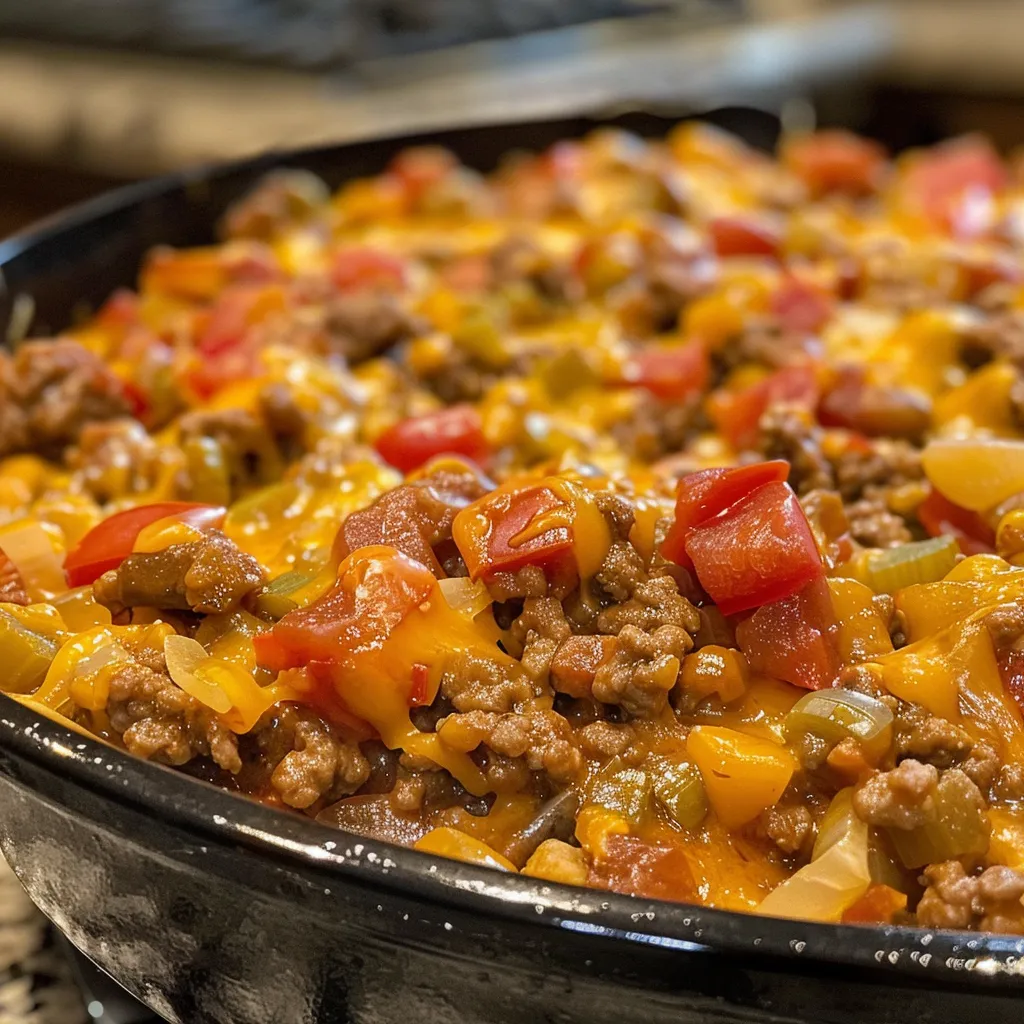 Side view of Hobo Casserole highlighting layers of beef and potatoes.